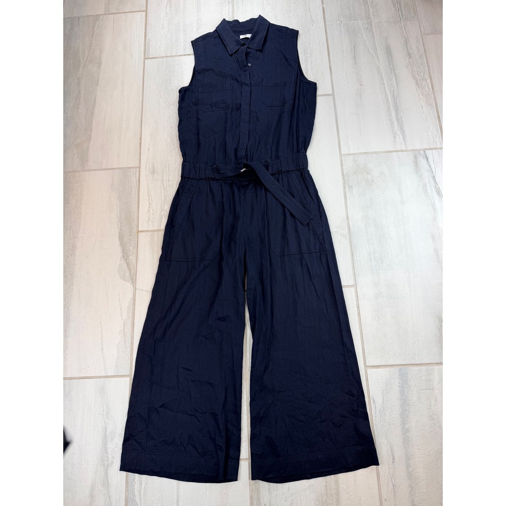 Vince Navy Linen Blend Belted Wide Leg Culotte Jumpsuit 8 V3360-21157